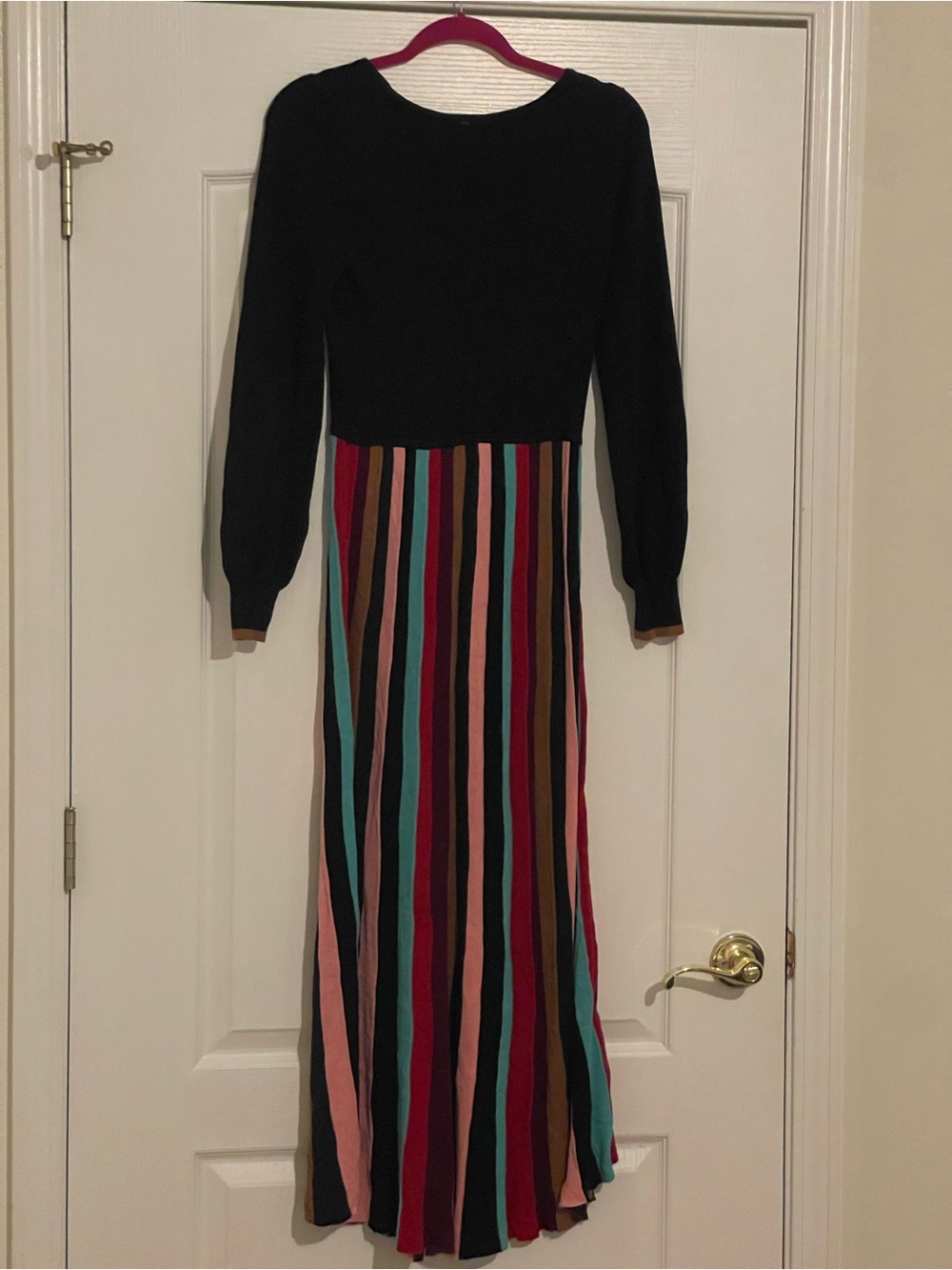 Boden Navy Long-Sleeve Maxi Dress with Multicolor Vertical Stripes